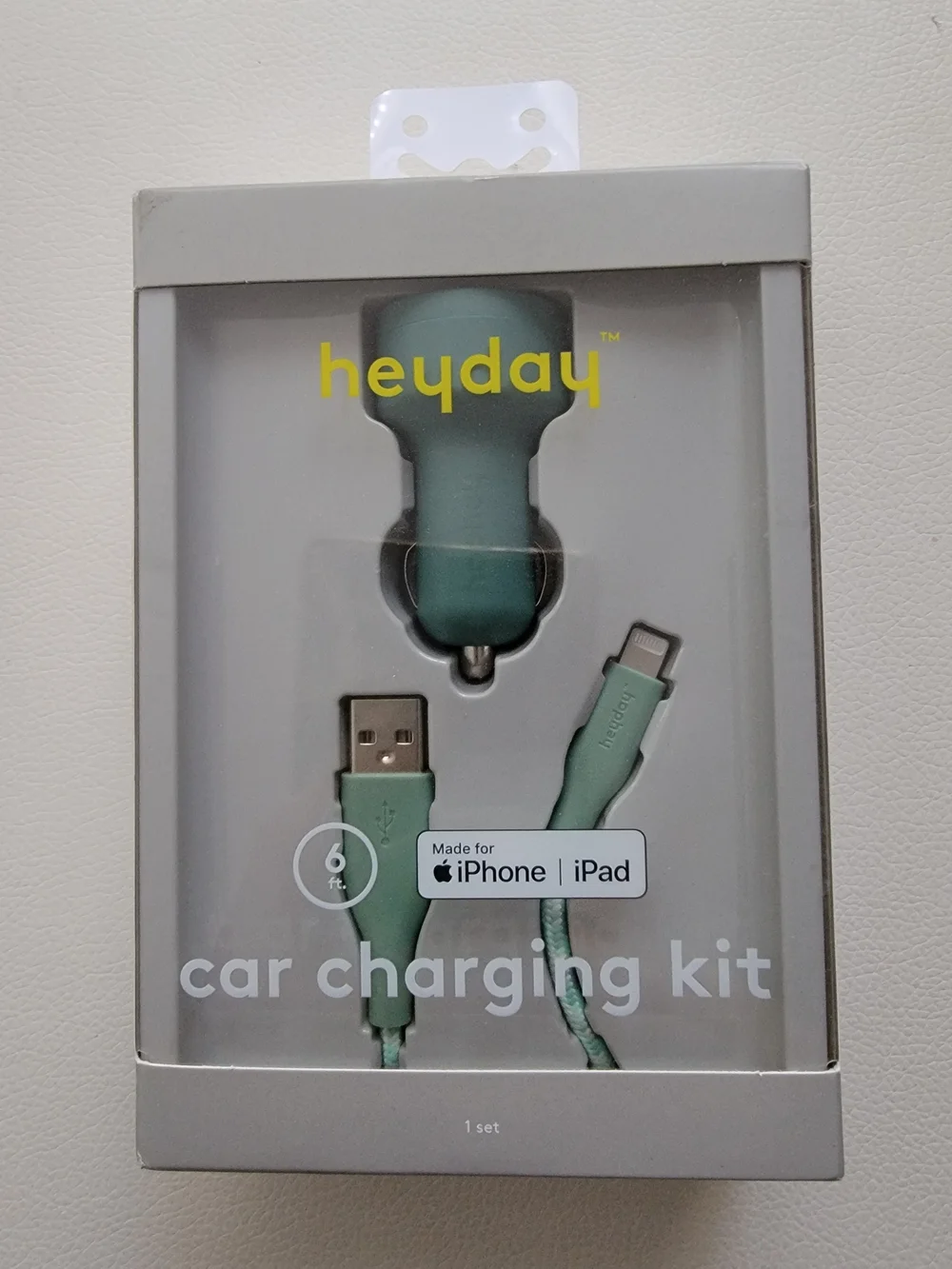heyday Mint Green Car Charging Kit with Braided USB to Lightning 6ft Cable